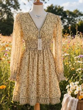 Max Studio London Floral Smocked Waist Mini Dress XS Boho Long Sleeve NWT